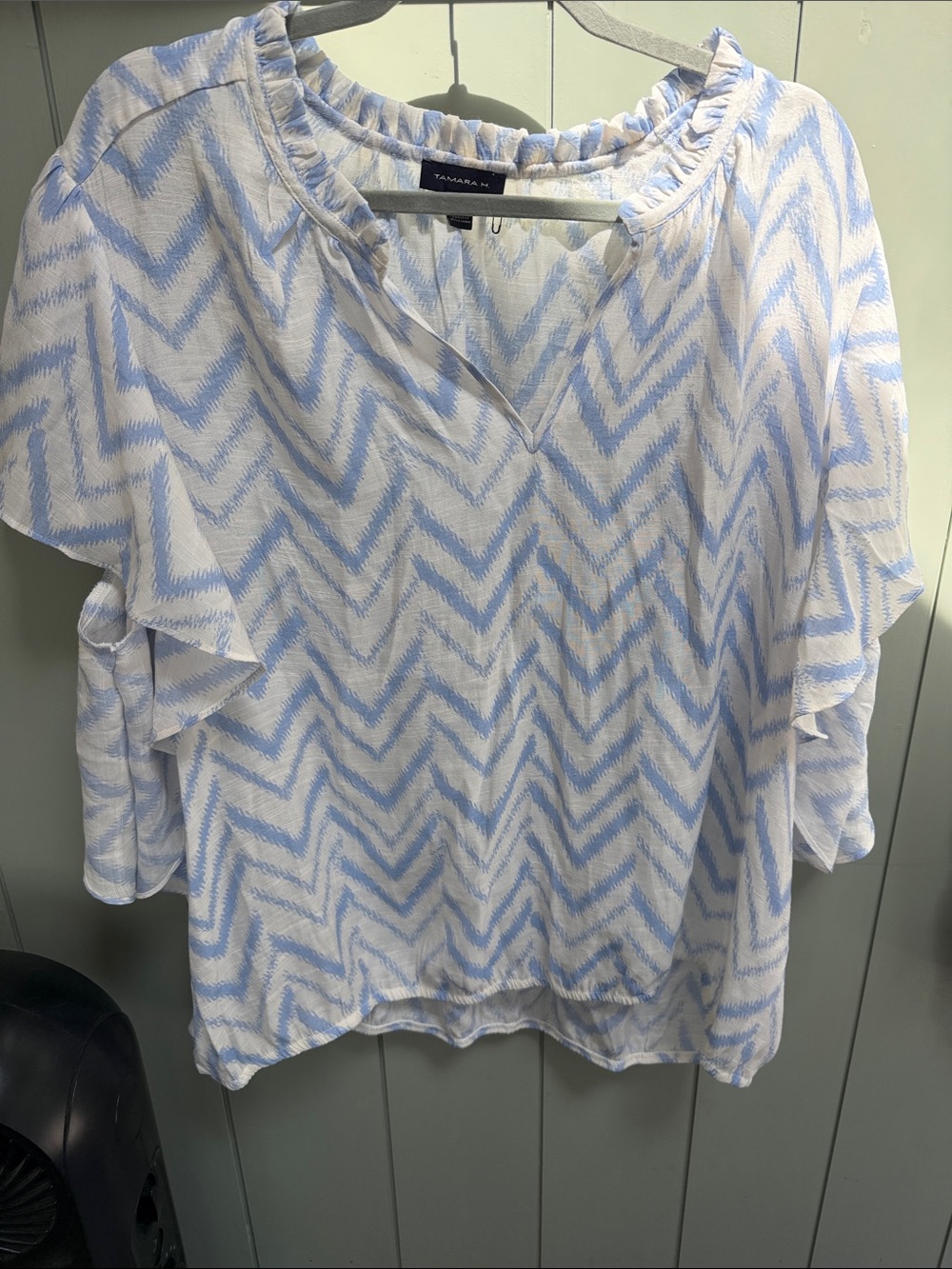 Talbots Light Blue Chevron Flutter-Sleeve Blouse